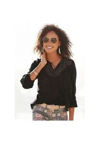 Crepebluse Lascana, Damen, Gr. 38, schwarz, Cr&ecirc;pe, Obermaterial: 100% Viskose. Spitze: 100% Baumwolle, unifarben, figurumspielend h&uuml;ftlang, V-Ausschnitt, elastischer Bund, Blusen, mit Lochstickerei, Damenbluse, lockere Passform