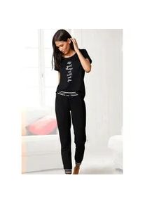 Pyjama s.Oliver, Damen, Gr. 32/34, schwarz, Single Jersey, Obermaterial: 100% Baumwolle, bequem lang, Rundhals, eingesetzt, Homewear-Sets Pyjama, mit gestreiften Rippb&uuml;ndchen