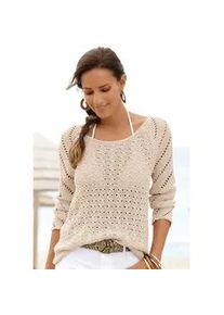 Ajourpullover Lascana, Damen, Gr. 44/46, beige (sand), Strick, Obermaterial: 100% Polyacryl, figurumspielend h&uuml;ftlang, Rundhals, Raglan&auml;rmel, Pullover, mit tollem Lochstrickmuster, Strandpullover, leicht transparent