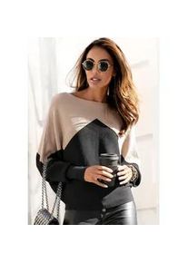 Strickpullover Lascana, Damen, Gr. 44/46, beige (sand, schwarz), Strick, Obermaterial: 50% Viskose, 28% Polyester, 22% Polyamid, colorblocking, figurumspielend h&uuml;ftlang, Rundhals, extrabreites B&uuml;ndchen, Pullover Strickpullover, mit Colorblock-Optik und leichten Fledermaus&auml;rmeln, Topseller