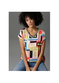 T-Shirt Aniston CASUAL, Damen, Gr. 42, bunt (schwarz, wei&szlig;, rosa, rot, blau, neongr&uuml;n), Cr&ecirc;pe, Obermaterial: 97% Polyester, 3% Elasthan. R&uuml;ckenteil: 95% Viskose, 5% Elasthan, gemustert, gestreift, figurumspielend h&uuml;ftbedeckend, V-Ausschnitt, Umschlagbund, Shirts T-Shirt, im Material- und Mustermix