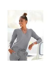 V-Ausschnitt-Pullover Vivance, Damen, Gr. 40/42, grau (grau, meliert), Feinstrick, Obermaterial: 83% Viskose, 15% Polyamid, 2% Elasthan, meliert, figurbetont h&uuml;ftlang, tiefer V-Ausschnitt, Rippstrickb&uuml;ndchen, Pullover, in taillierter Form, weicher Strickpullover, Basic, klassisch, Topseller