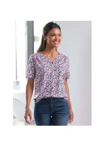 Kurzarmbluse Classic Basics, Damen, Gr. 48, beige (ecru, bedruckt), 100% Polyester, bedruckt, gemustert, mehrfarbig, V-Ausschnitt, Blusen