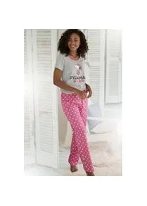 Pyjama PEANUTS, Damen, Gr. 32/34, bunt (grau, meliert, pink, gepunktet), Single Jersey, Obermaterial: 100% Baumwolle, bequem lang, Rundhals, Homewear-Sets Pyjama, mit Snoopy Druckmotiv