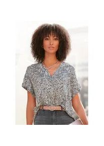 Kurzarmbluse Vivance, Damen, Gr. 36/38, grau (grau, bedruckt), Web, Obermaterial: 100% Viskose, gebl&uuml;mt, figurumspielend h&uuml;ftlang, tiefer V-Ausschnitt, mit Aufschlag, Blusen, mit Bl&uuml;mchendruck und V-Ausschnitt, Blusenshirt, Damenbluse