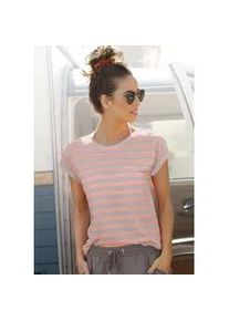 Kurzarmshirt Vivance, Damen, Gr. 32/34, bunt (hellgrau, meliert, neonorange, gestreift), Jersey, Obermaterial: 77% Polyester, 22% Viskose, 1% Elasthan, gestreift, figurumspielend h&uuml;ftlang, Rundhals, mit Aufschlag, Shirts, mit transparenten Neon-Eins&auml;tzen, T-Shirt, lockere Passform, sportlich