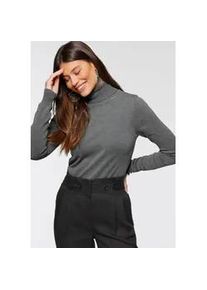 Rollkragenpullover Bruno Banani, Damen, Gr. 40/42, grau (grau melange), Feinstrick, Obermaterial: 70% Viskose, 30% Polyamid, clean, unifarben, Basic, figurbetont h&uuml;ftlang, hoch geschlossener Ausschnitt, Rippb&uuml;ndchen, Pullover Pullover Rollkragenpullover, mit Metalllogo