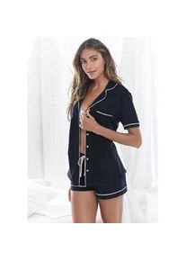 Shorty s.Oliver, Damen, Gr. 32/34, blau (nachtblau), Single Jersey, Obermaterial: 50% Baumwolle, 50% Viskose, unifarben, klassisch kurz, V-Ausschnitt, eingesetzt,mit Paspel Manschette, Homewear-Sets Shorty, mit Knopfleiste und Brusttasche