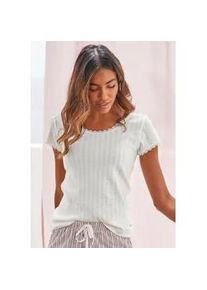 Pyjamaoberteil s.Oliver, Damen, Gr. 40/42, beige (ecru), Feinstrick, Obermaterial: 100% Baumwolle, unifarben, figurbetont, Rundhals, eingesetzt,eng Spitze, Shirts, aus Ajour-Strick