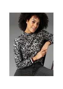 Langarmshirt Aniston CASUAL, Damen, Gr. 38, grau (schwarz, grau, wei&szlig;, rot), Single Jersey, Obermaterial: 95% Viskose, 5% Elasthan, bedruckt, l&auml;ssig geschnitten h&uuml;ftbedeckend, Rippb&uuml;ndchen, Shirts Langarmshirt, mit trendigem Animal-Print und gestreiften B&uuml;ndchen