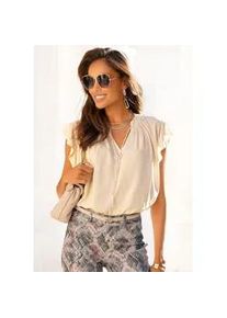 Schlupfbluse Lascana, Damen, Gr. 42, beige (creme), Web, Obermaterial: 100% Viskose, unifarben, figurumspielend h&uuml;ftlang, V-Ausschnitt, Blusen Schlupfbluse, mit R&uuml;schen&auml;rmeln, Kurzarmbluse, elegant