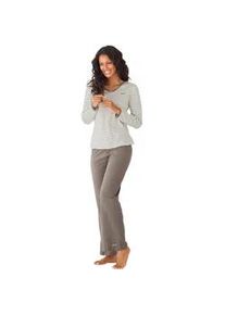 H.I.S. Pyjama H.I.S, Damen, Gr. 44/46, beige (creme, taupe), Single Jersey, Obermaterial: 100% Baumwolle, gestreift, unifarben, Basic, Basic lang, V-Ausschnitt, eingesetzt Blende kontrastfarben, Homewear-Sets Pyjama, mit garngef&auml;rbten Streifen, Topseller
