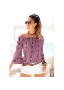 Carmenbluse Lascana, Damen, Gr. 50, lila (lila, bedruckt), Web, Obermaterial: 100% Viskose, bedruckt, figurumspielend h&uuml;ftlang, Carmenausschnitt, Volant, Blusen Schlupfbluse, mit Ethnoprint, Damenbluse, schulterfrei, casual