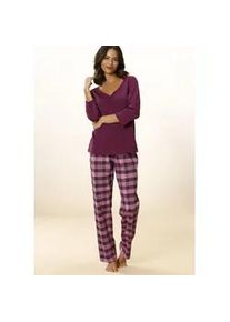 Pyjama Vivance DREAMS, Damen, Gr. 52/54, rot (bordeaux), Single Jersey, Obermaterial: 100% Baumwolle, kariert, Basic, lang, V-Ausschnitt, eingesetzt, Homewear-Sets Pyjama, mit karierter Hose, Topseller