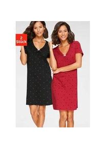 Nachthemd Vivance DREAMS, Damen, Gr. 40/42, N-Gr, schwarz (schwarz, rot), Single Jersey, Obermaterial: 100% Baumwolle, bedruckt, figurumspielend kurz, V-Ausschnitt, eingesetzt H&auml;kelkante, Kleider Nachthemd, mit Herzchenprint, Topseller
