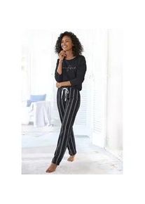 Pyjama Vivance DREAMS, Damen, Gr. 32/34, schwarz (schwarz, gestreift), Single Jersey, Obermaterial: 100% Baumwolle, gestreift, unifarben, Basic, bequem lang, Rundhals, Homewear-Sets Pyjama, mit Frontdruck