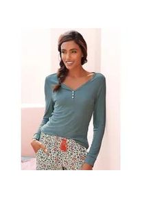 Pyjamaoberteil Lascana, Damen, Gr. 44/46, blau (rauchblau), Rippware, Obermaterial: 63% Polyester, 33% Viskose, 4% Elasthan, unifarben, figurumspielend normal, V-Ausschnitt, eng abgestepptes B&uuml;ndchen, Shirts, aus Rippstrick