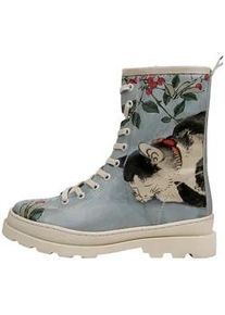 Stiefelette DOGO "Gisele Schn&uuml;rstiefel Boots Sleepy Cat Damen Stiefeletten", Damen, Gr. 36, Normalschaft, blau, Lederimitat, Schuhe Stiefelette, Handgefertigt