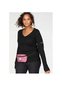 V-Ausschnitt-Pullover Kangaroos, Damen, Gr. 44/46, schwarz, Rippstrick, Obermaterial: 50% Baumwolle, 50% Polyacryl, unifarben, sehr figurbetont h&uuml;ftlang, V-Ausschnitt, Rippb&uuml;ndchen mit Daumenl&ouml;chern, Pullover Strickpullover Pullover V-Pullover, in breit geripptem Feinstrick