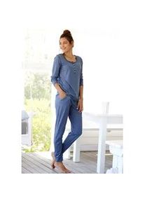 Pyjama Arizona, Damen, Gr. 56/58, blau (jeans, meliert), Single Jersey, Obermaterial: 60% Baumwolle, 40% Polyester, meliert, bequem lang, Rundhals, Homewear-Sets Pyjama, in melierter Qualit&auml;t mit Knopfleiste