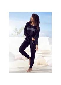 Pyjama Kangaroos, Damen, Gr. 36/38, schwarz, Single Jersey, Obermaterial: 100% Baumwolle, bedruckt, Basic, bequem lang, Rundhals, Rippb&uuml;ndchen, Homewear-Sets Pyjama, mit Slogan-Frontdruck