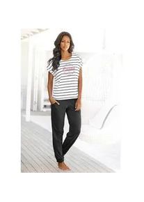 Pyjama Buffalo, Damen, Gr. 48/50, beige (ecru, gestreift, schwarz), Single Jersey, Obermaterial: 100% Baumwolle, unifarben mit Farbeinsatz, oversize lang, Rundhals, angeschnitten Aufschlag, Homewear-Sets Pyjama, im Streifenlook mit farbigem Frontprint