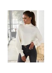 Strickpullover Lascana, Damen, Gr. 32/34, beige (creme), Strick, Obermaterial: 50% Viskose, 25% Polyamid, 25% Polyester, unifarben, figurumspielend h&uuml;ftlang, Rippstrickb&uuml;ndchen, Pullover Strickpullover, mit kleinem Stehkragen, Feinstrickpullover, casual-chic, Topseller