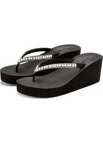 Badezehentrenner Lascana "Sandale, Badeschuh, Pantolette, Badelatsche, Flip Flop", Damen, Gr. 39, schwarz, Obermaterial: 100% Synthetik. Decksohle: 100% Synthetik. Futter: 100% Synthetik. Laufsohle: 100% Synthetik, Glitzer, Schuhe, Badeschuh, Zehentrenner mit Keilabsatz und Perlen VEGAN