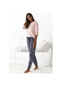 Pyjama Vivance DREAMS, Damen, Gr. 32/34, rosa (hellrosa, gebl&uuml;mt), Single Jersey, Obermaterial: 100% Baumwolle, gemustert, Basic, bequem lang, Rundhals, eingesetzt, Homewear-Sets Pyjama, mit gemusterter Schlafhose