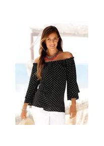 Carmenbluse Lascana, Damen, Gr. 44, schwarz-wei&szlig; (schwarz, wei&szlig;, gepunktet), Web, Obermaterial: 100% Viskose, gepunktet, figurumspielend h&uuml;ftlang, Carmenausschnitt, Volant, Blusen, mit P&uuml;nktchendruck, Damenbluse, schulterfrei, casual