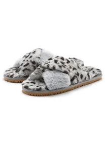 Hausschuh Lascana "Mule, Sandale, offener Schuh, Pantolette, Pantoffel", Damen, Gr. 40, grau (grau, leo), Obermaterial: 100% Textilmaterial. Decksohle: 100% Textilmaterial. Futter: 100% Textilmaterial. Laufsohle: 100% Synthetik, Schuhe Pantoffeln Pl&uuml;sch Hausschuh, mit Leo Print VEGAN