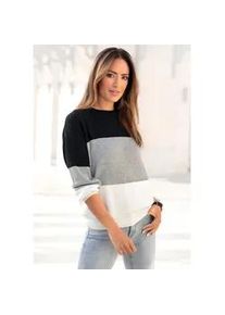 Strickpullover Lascana, Damen, Gr. 40/42, schwarz-wei&szlig; (schwarz, grau, creme), Strick, Obermaterial: 50% Baumwolle, 50% Polyacryl, colorblocking, figurumspielend h&uuml;ftlang, Rundhals, Rippstrickb&uuml;ndchen, Pullover Strickpullover, mit Colorblock-Streifen, Damenpullover aus Baumwoll-Mix, Topseller