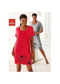 Nachthemd Vivance DREAMS, Damen, Gr. 32/34, N-Gr, rot (rot, grau), Jersey, Obermaterial: 100% Baumwolle. Obermaterial 2: 90% Baumwolle, 10% Polyester, meliert, unifarben, Basic, Basic ca. Mitte Oberschenkel, Rundhals, Kleider Nachthemd, mit Katzenprint