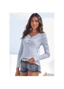 Langarmshirt Lascana "mit kurzer Knopfleiste", Damen, Gr. 36/38, blau (hellblau), Rippware, Obermaterial: 95% Viskose, 5% Elasthan, unifarben, bequem normal, V-Ausschnitt, Shirts Langarmshirt, aus weicher Viskose-Ripp-Qualit&auml;t
