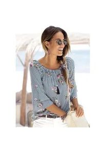 Carmenbluse Lascana, Damen, Gr. 36, blau (marine, wei&szlig;, gestreift), Web, Obermaterial: 100% Viskose, bedruckt, figurumspielend h&uuml;ftlang, Carmenausschnitt, Volant, Blusen, mit modischem Druck, Damenbluse, schulterfrei, casual, Topseller