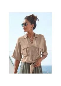 Kurzarmbluse Lascana, Damen, Gr. 34, braun (camelfarben), Web, Obermaterial: 100% Viskose, unifarben, figurumspielend h&uuml;ftlang, V-Ausschnitt, Aufschlag, Blusen, mit Knotendetail und Knopfleiste, Hemdkragen, Damenbluse