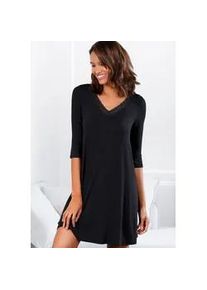 Nachthemd Lascana, Damen, Gr. 44/46, N-Gr, schwarz, Single Jersey, Obermaterial: 95% Viskose, 5% Elasthan, unifarben, kniefrei, tiefer V-Ausschnitt, Kleider Nachthemd, mit Spitzendetails