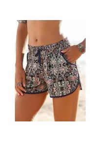 Strandshorts s.Oliver, Damen, Gr. 36, N-Gr, blau (marine, bedruckt), Jersey, Obermaterial: 100% Viskose, bedruckt, normal kurz, Hosen Strandshorts, mit Ethnodruck und Taschen, elastischer Gummizugbund, kurze Hose