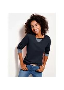 Langarmshirt Classic Basics "Shirt", Damen, Gr. 52, blau (marine), 100% Baumwolle, gemustert, mehrfarbig, V-Ausschnitt, Shirts Langarmshirt, Topseller