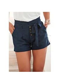 Shorts Lascana, Damen, Gr. 46, N-Gr, blau (marine), Web, Obermaterial: 58% Viskose, 28% Baumwolle, 14% Leinen, figurumspielend kurz, Hosen Shorts Strandshorts, und Knopfleiste, kurze Hose, Leinenhose, Sommerhose