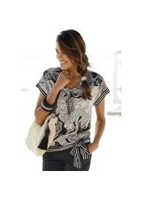 Kurzarmshirt Lascana, Damen, Gr. 48/50, grau (schwarz, taupe, bedruckt), Jersey, Obermaterial: 100% Viskose, figurumspielend h&uuml;ftlang, V-Ausschnitt, Shirts, mit Paisleyprint und Schleifendetail, V-Ausschnitt, Blusenshirt