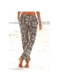 Strandhose s.Oliver, Damen, Gr. 42, N-Gr, blau (marine, bedruckt), Jersey, Obermaterial: 100% Viskose, figurumspielend lang, Hosen Strandhose, mit Alloverprint und Taschen, Stoffhose, Sommerhose, elastisch