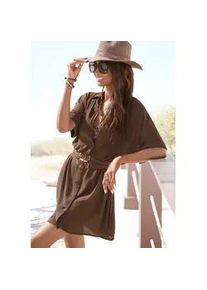 Longbluse Lascana, Damen, Gr. 46, braun, Cr&ecirc;pe, Obermaterial: 100% Viskose, unifarben, figurumspielend kurz, mit Aufschlag, Blusen Longbluse, mit Knopfleiste, Kurzarmbluse, Blusenkleid, sommerlich