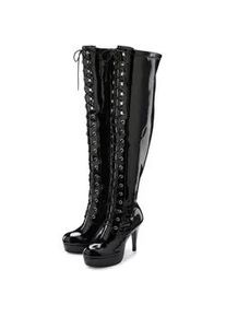 Overkneestiefel "High-Heel-Stiefelette zum Schn&uuml;ren", Damen, Gr. 39, schwarz, Obermaterial: 100% Lederimitat. Decksohle: 100% Lederimitat. Futter: 100% Textilmaterial. Laufsohle: 100% Synthetik, Lascana BELLE AFFAIRE, gl&auml;nzend, unifarben, Schuhe High Heel Stiefel Overknee-Stiefel Schn&uuml;rstiefel, mit Rei&szlig;verschluss und Plateausohle, erotische Lack-Optik