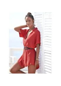 Longbluse Lascana, Damen, Gr. 34, rot (korallrot), Cr&ecirc;pe, Obermaterial: 100% Viskose, unifarben, figurumspielend kurz, mit Aufschlag, Blusen Longbluse, mit Knopfleiste, Kurzarmbluse, Blusenkleid, sommerlich