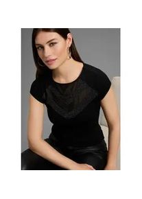 T-Shirt Melrose, Damen, Gr. 44, schwarz, Jersey, Obermaterial: 95% Viskose, 5% Elasthan. Besatz: 89% Polyamid, 11% metallisierte Fasern, Glitzerstreifen, Mesh, leicht transparent, unifarben, sehr figurbetont h&uuml;ftlang, Rundhals, Shirts T-Shirt, Kurzarm, sehr figurbetonte Passform, Rundhalsausschnitt