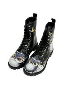 Schn&uuml;rboots DOGO "Long Boots Schn&uuml;rstiefel Owls Family Black Damen Stiefeletten", Damen, Gr. 41, Normalschaft, schwarz, Lederimitat, Schuhe Schn&uuml;rboots, Handgefertigt