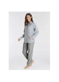 Pyjama Vivance DREAMS, Damen, Gr. 40/42, grau (gestreift, grau), Frottee, Obermaterial: 80% Baumwolle, 20% Polyester, gestreift, unifarben, bequem lang, Homewear-Sets Pyjama, aus weichem Frott&eacute;e mit Rei&szlig;verschluss