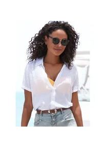 Kurzarmbluse Vivance, Damen, Gr. 36, wei&szlig;, Web, Obermaterial: 65% Viskose, 35% Polyester, unifarben, figurumspielend h&uuml;ftlang, V-Ausschnitt, Blusen, mit Hemdkragen und Knopfleiste, Hemdbluse, Strandmode, Topseller