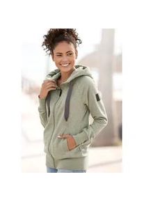 Kapuzensweatjacke ELBSAND "Kelina", Damen, Gr. XL (42), gr&uuml;n (gr&uuml;n meliert), angeraute Sweatware, Obermaterial: 67% Baumwolle, 33% Polyester, meliert, figurumspielend h&uuml;ftlang, Raglan&auml;rmel,mit &Auml;rmeleinsatz Rippb&uuml;ndchen, Sweatjacken, mit Logostickerei auf der Kapuze, bequeme Freizeitjacke mit Taschen